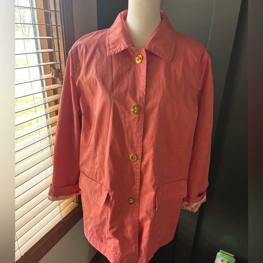 Isaac Mizrahi Live Coral Utility Jacket Floral Lined Gold Button L